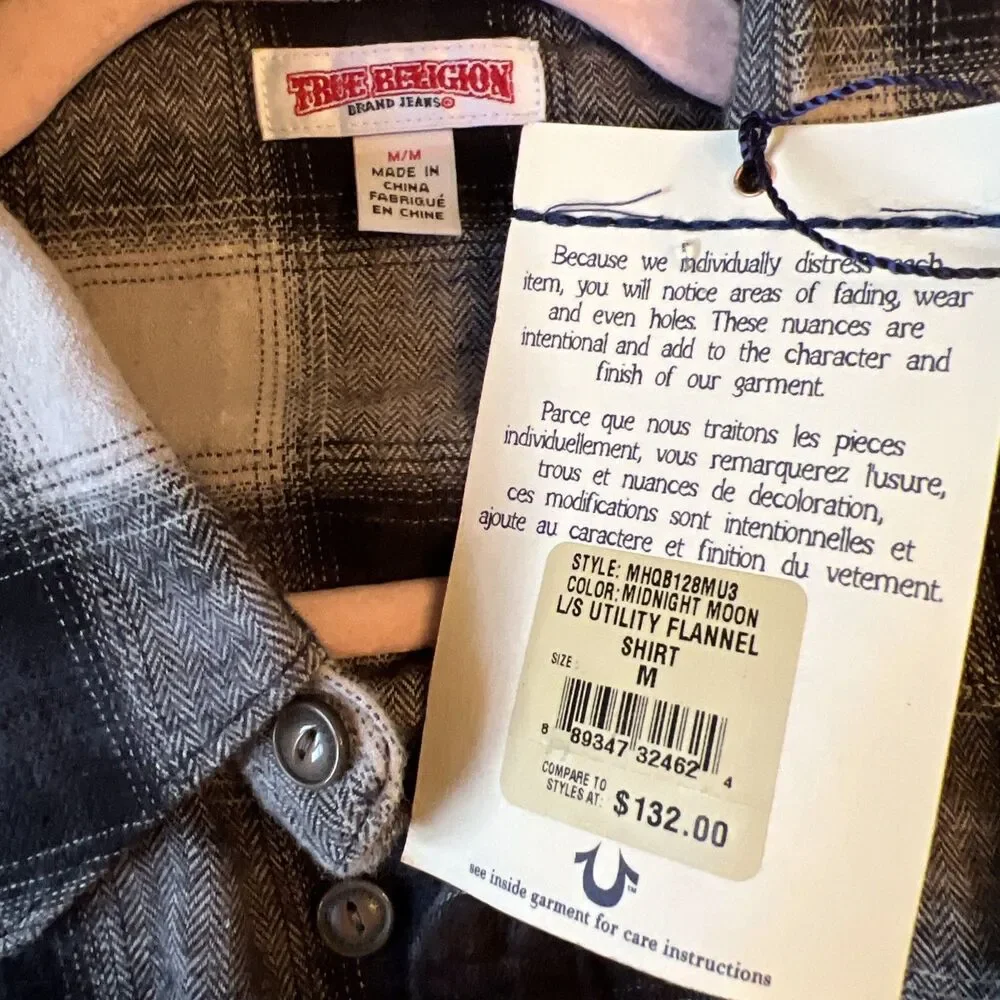TRUE RELIGION Sz M Mens UTILITY FLANEL MidNight Moon Plaid Pocket L/S $132 NWT